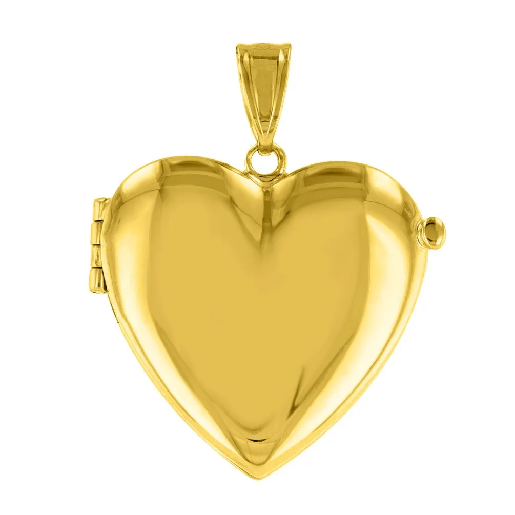 14K Solid Yellow Gold Heart Shaped Locket Charm Pendant with Figaro Chain Necklace