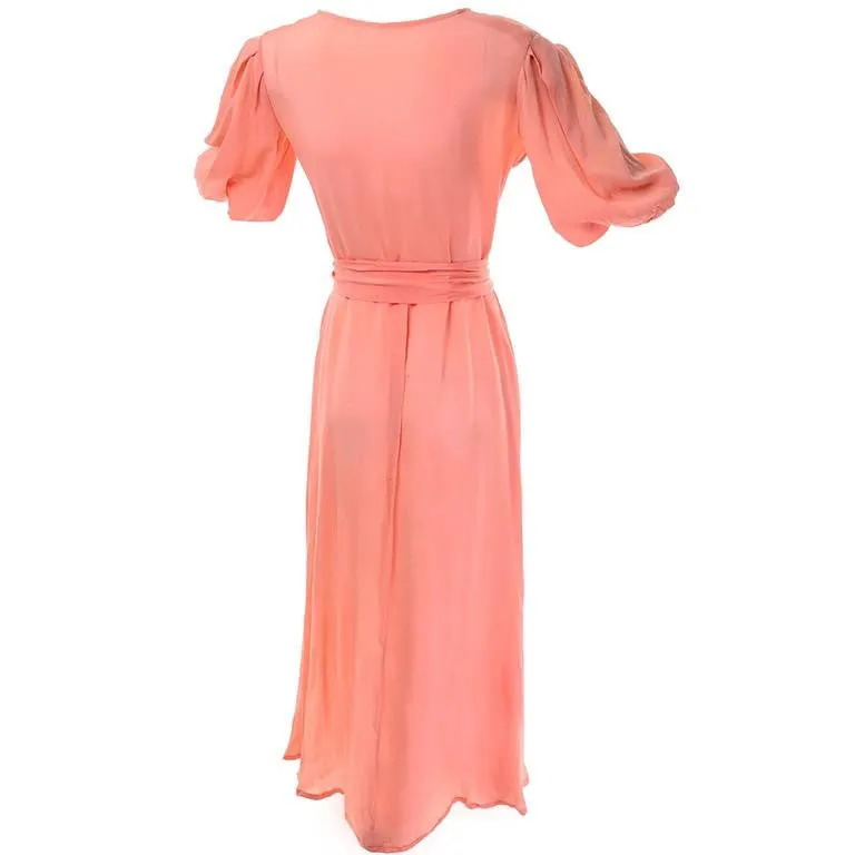 1930s Peach Silk Vintage Dress with Flower Applique