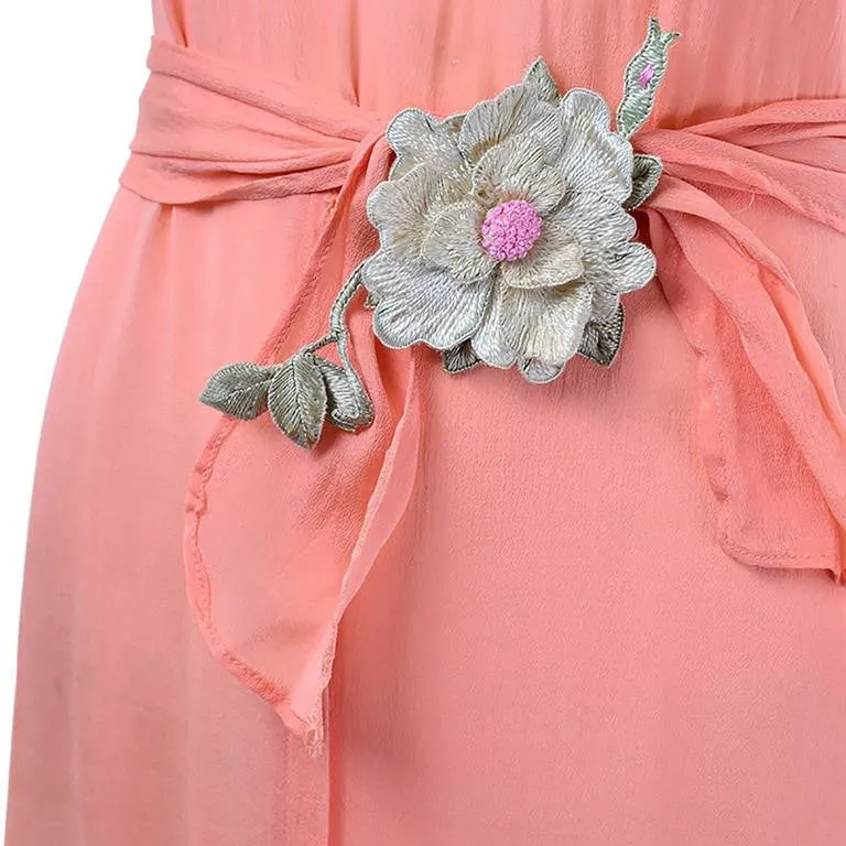 1930s Peach Silk Vintage Dress with Flower Applique