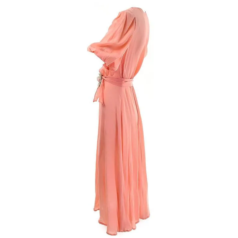 1930s Peach Silk Vintage Dress with Flower Applique
