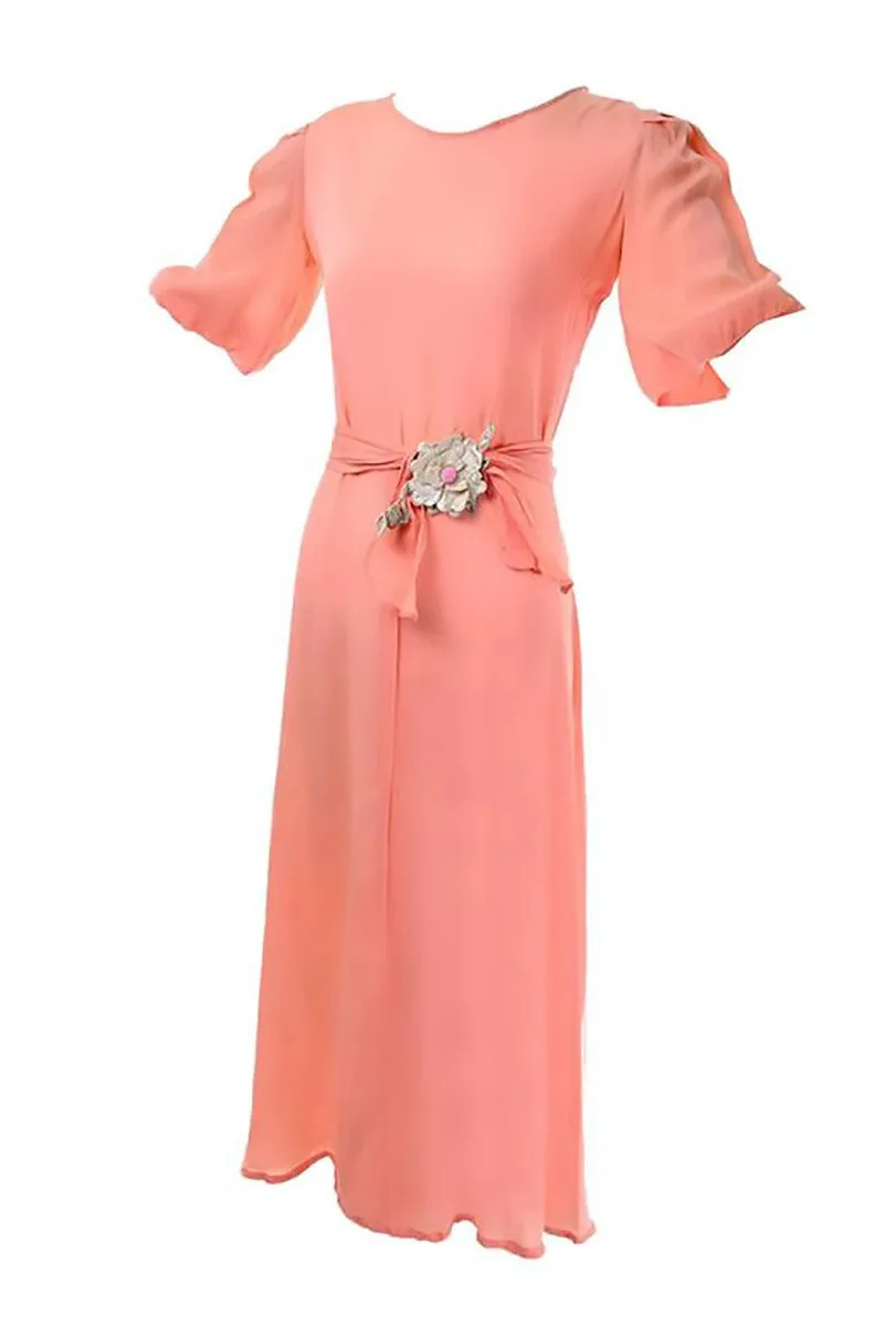 1930s Peach Silk Vintage Dress with Flower Applique