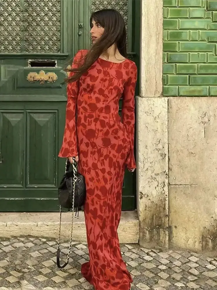 2024 Women Y2K Vintage Round Collar Slim Floral Dress