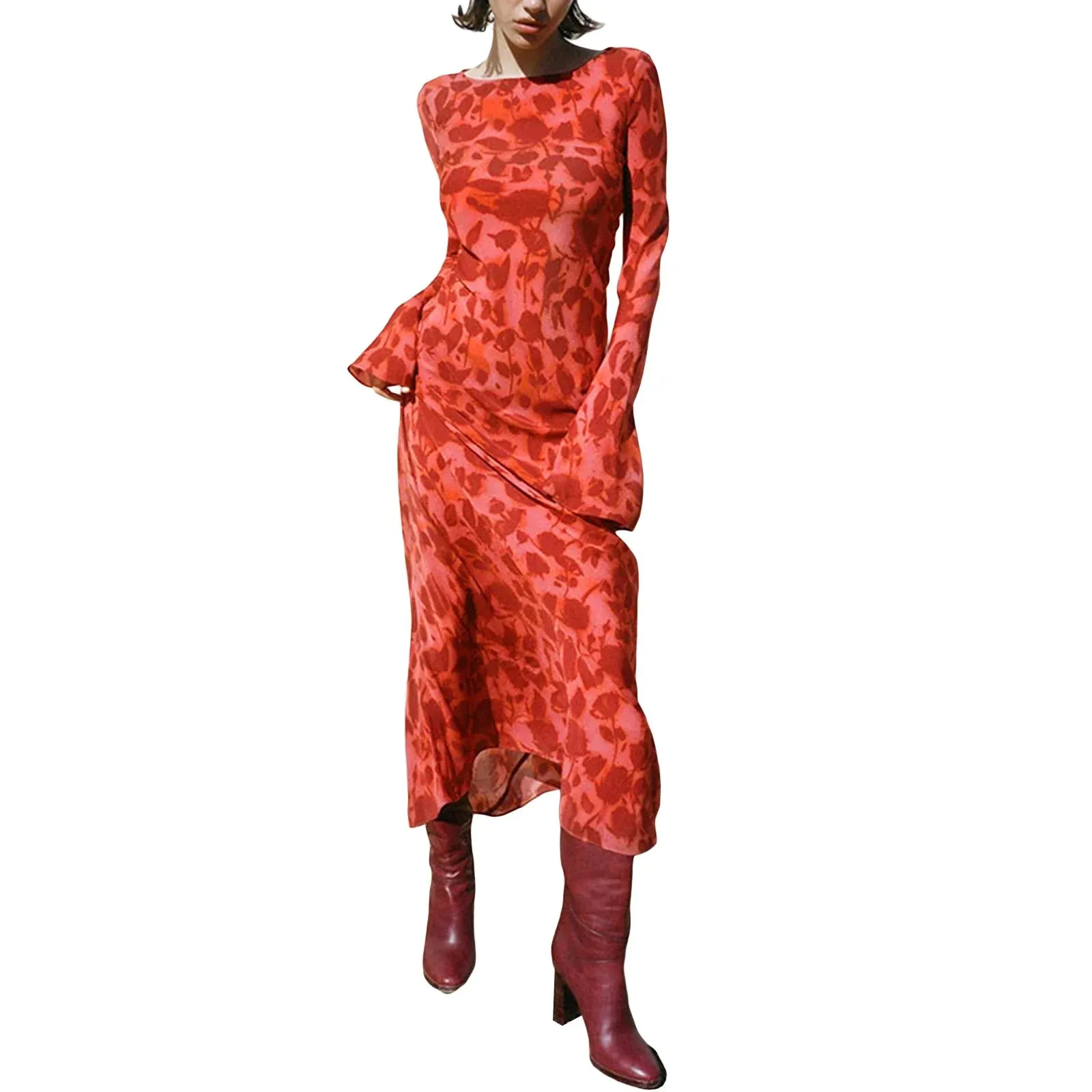 2024 Women Y2K Vintage Round Collar Slim Floral Dress