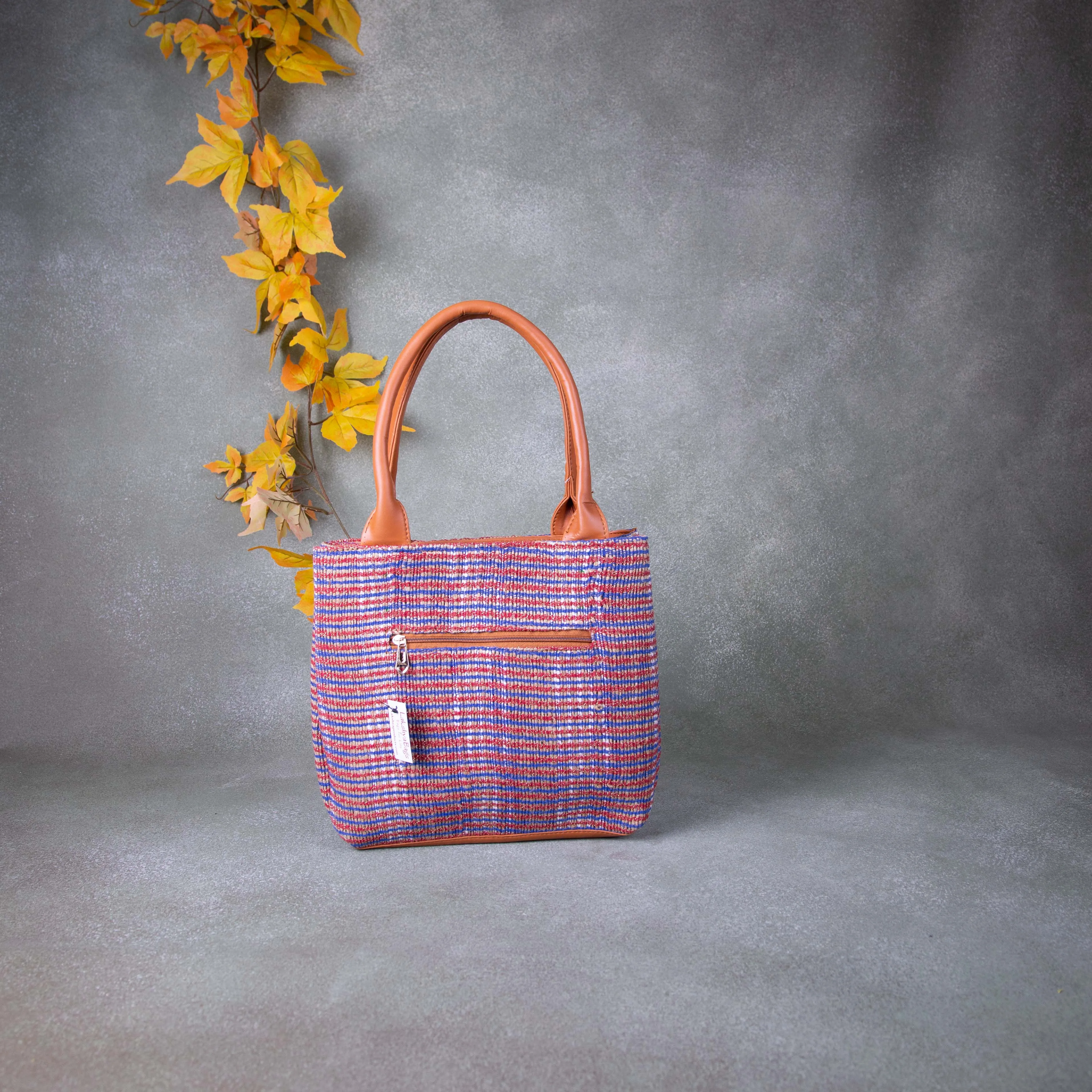 3 partition Tote Red with Blue Sandal Zig Zag Design.