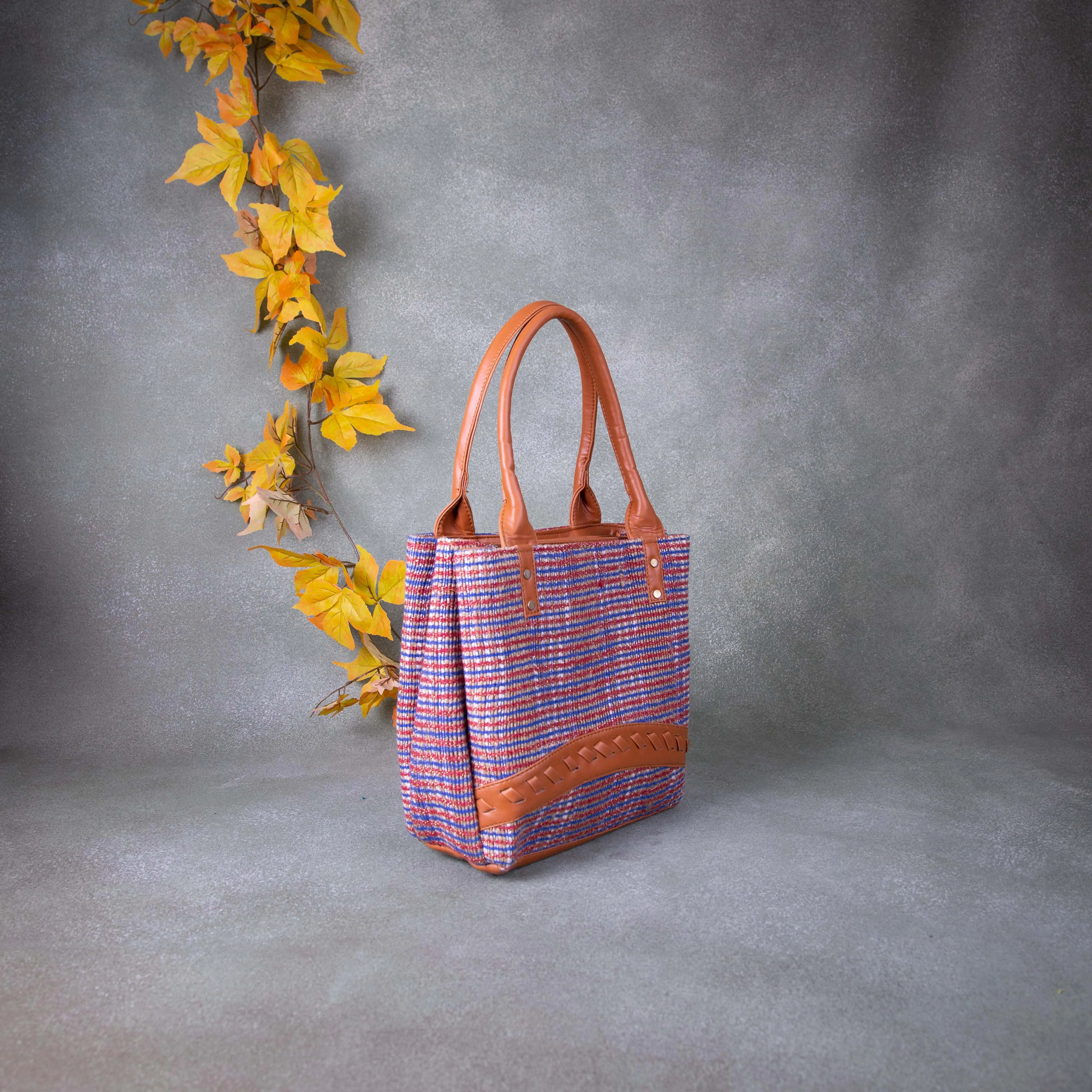 3 partition Tote Red with Blue Sandal Zig Zag Design.