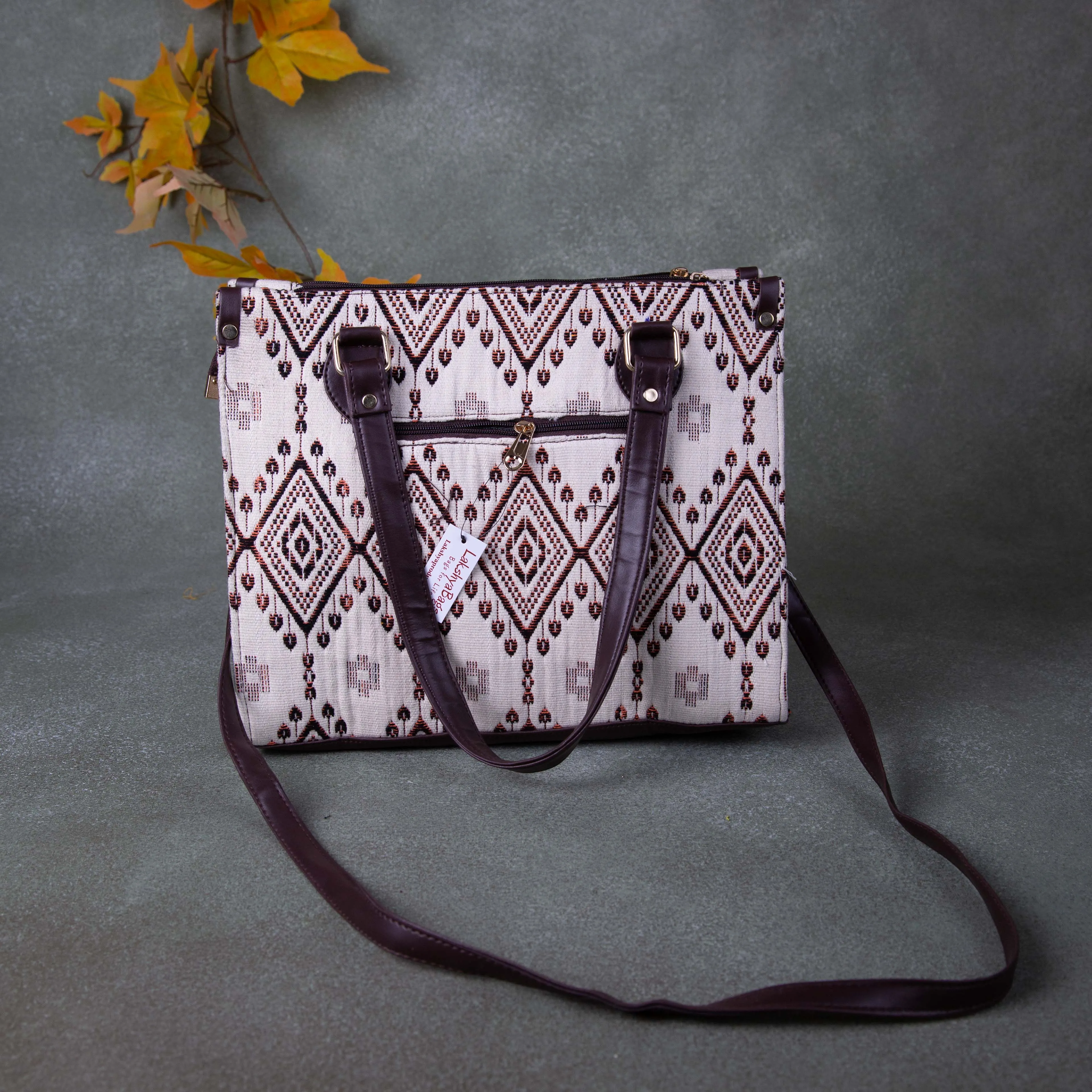 3 partition Tote White with Brown Prints.