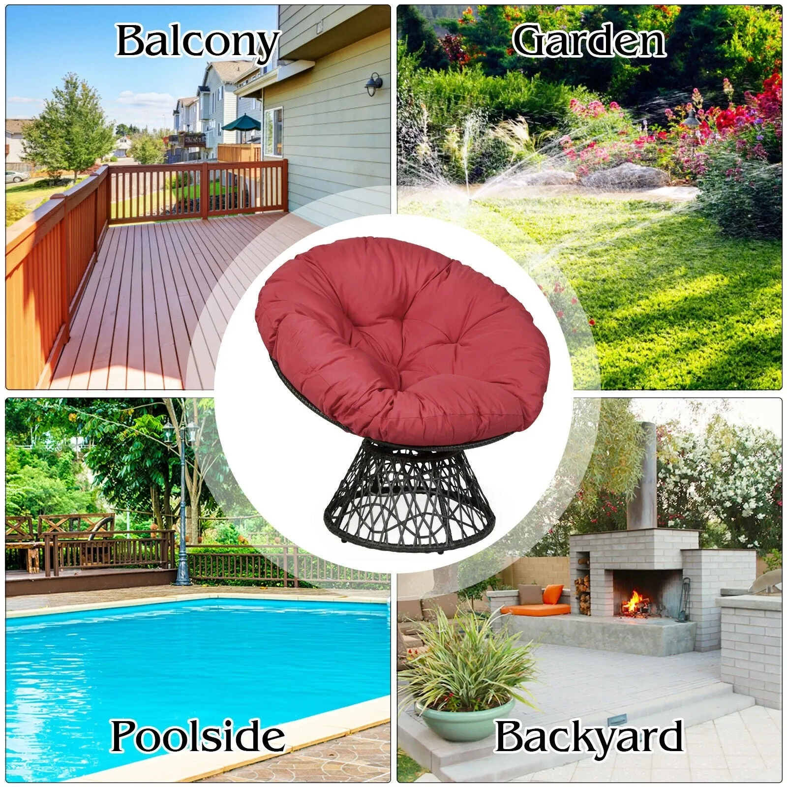 360-degree Swivel Rattan Papasan Chair - Burgundy