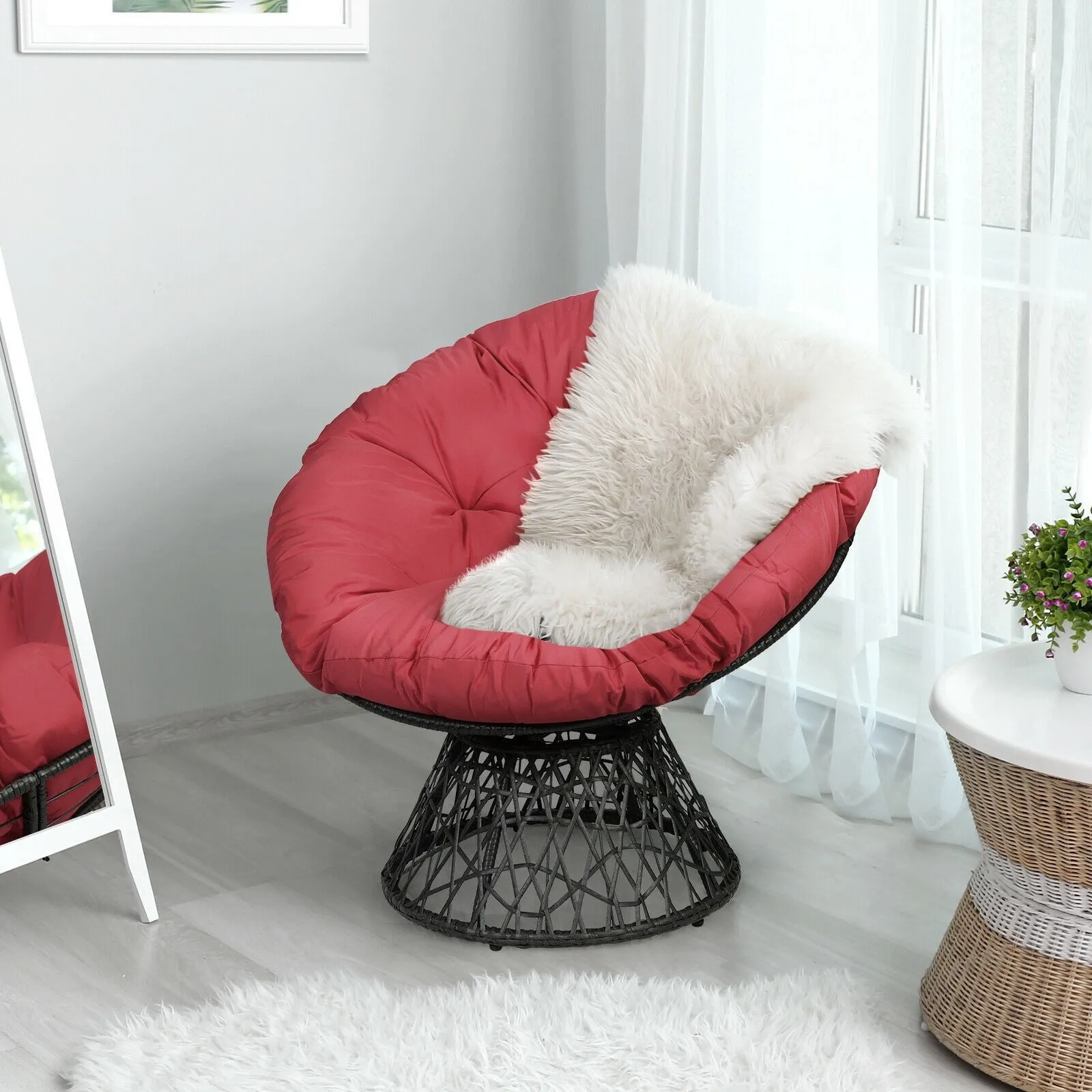 360-degree Swivel Rattan Papasan Chair - Burgundy