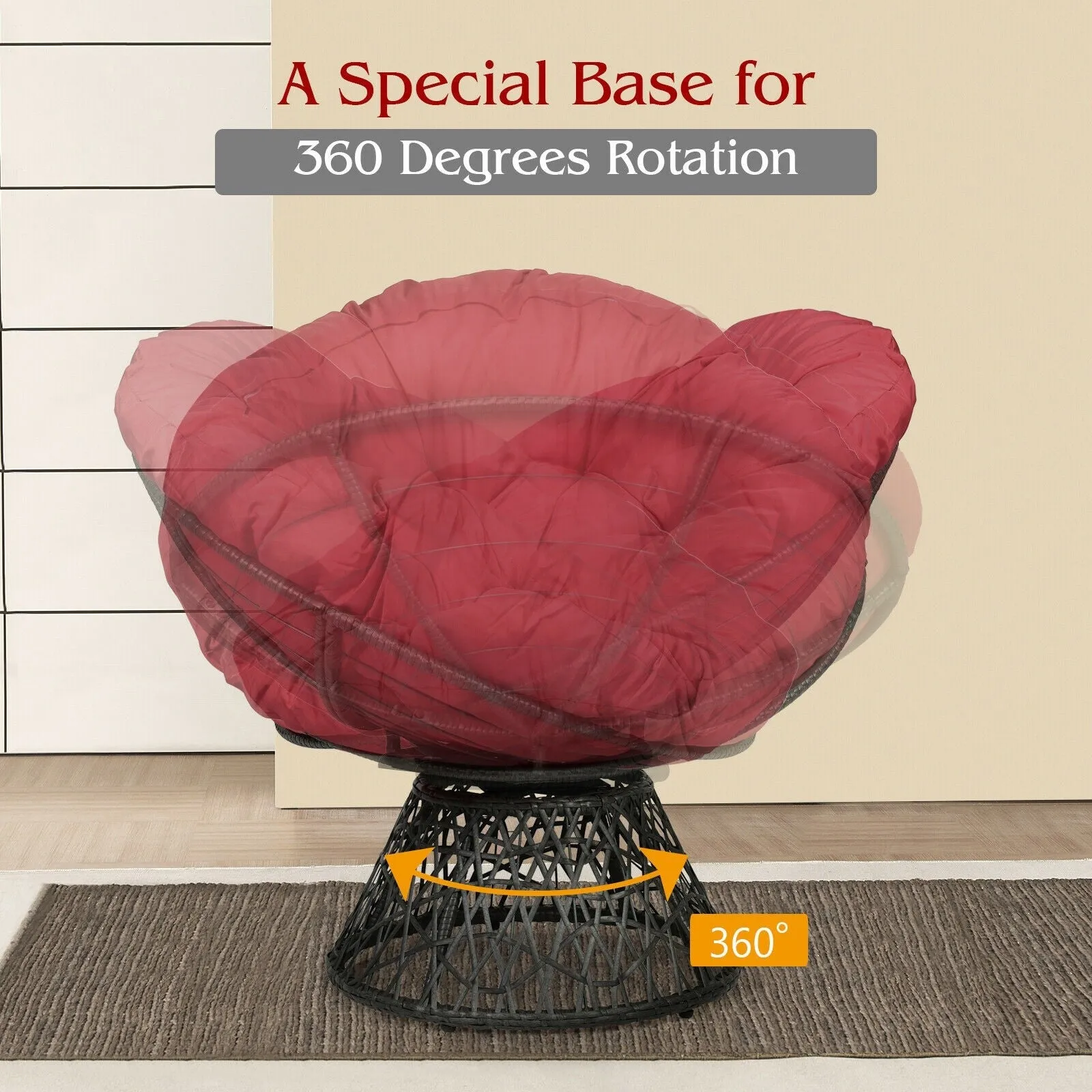 360-degree Swivel Rattan Papasan Chair - Burgundy