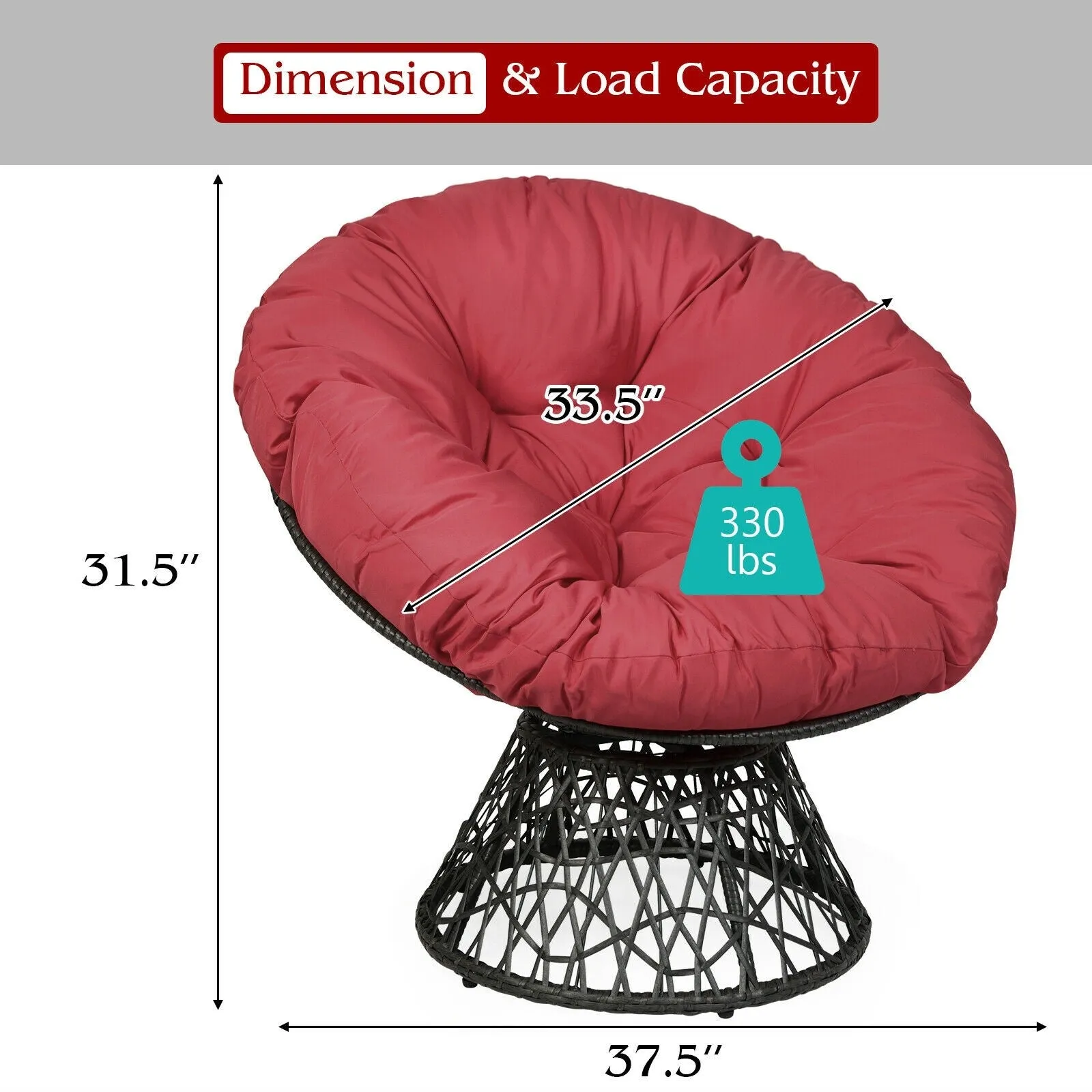 360-degree Swivel Rattan Papasan Chair - Burgundy