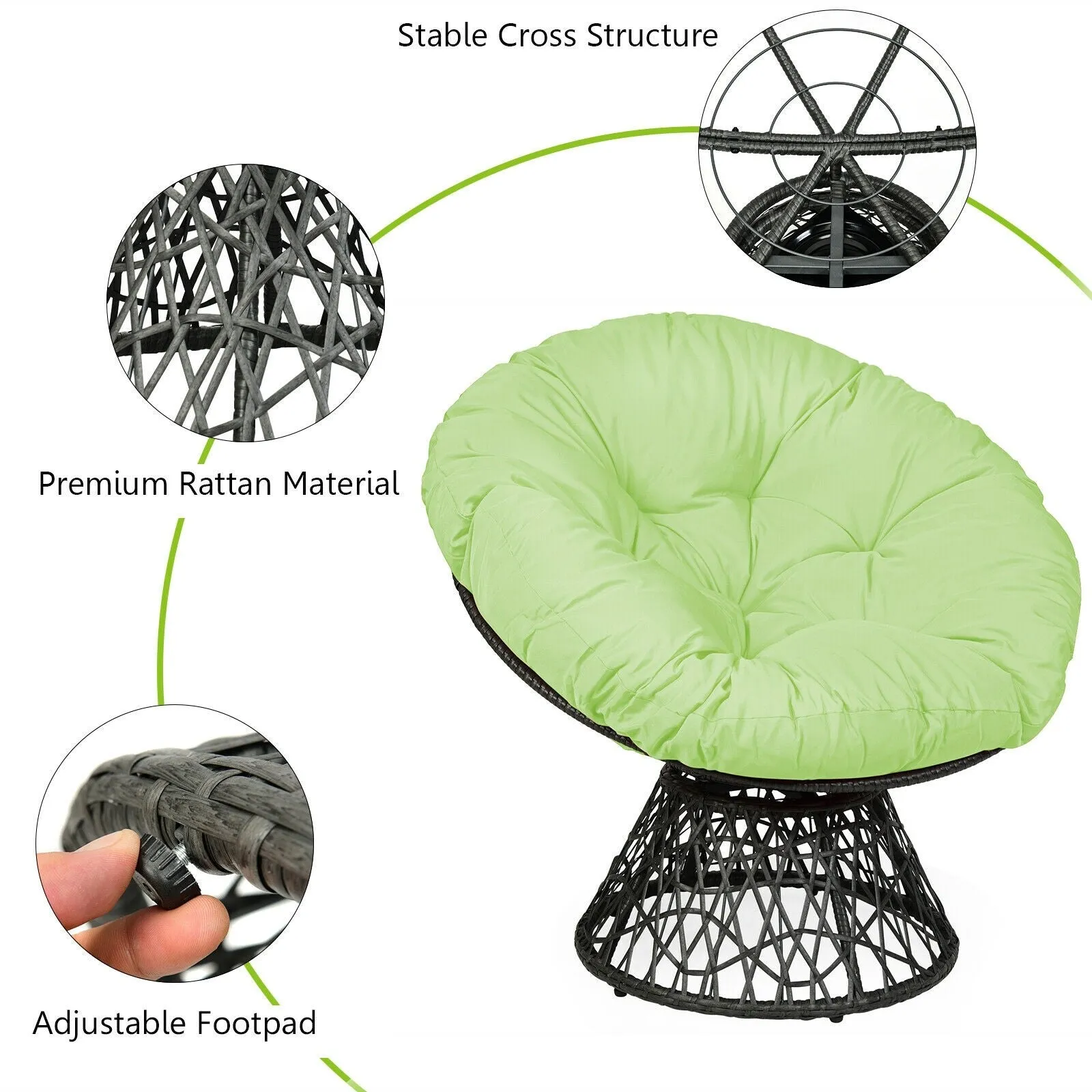 360-degree Swivel Rattan Papasan Chair - Green