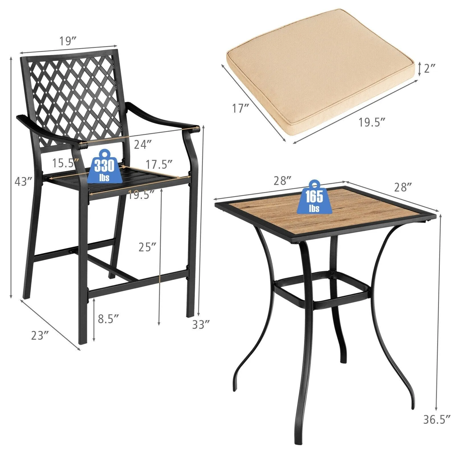 3pc Patio Bar Table Set - Natural