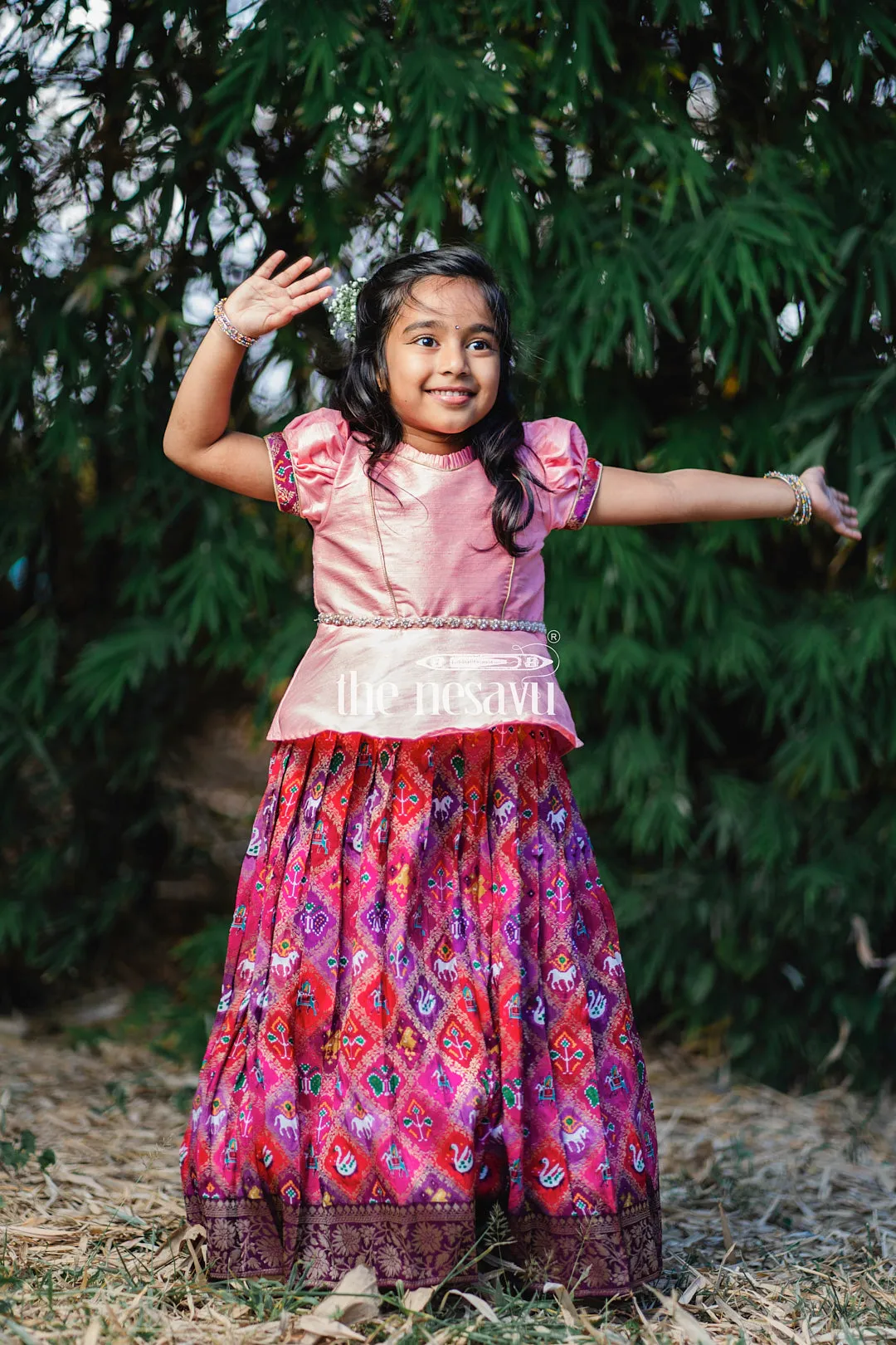 AHF. Pink Designer Printed Silk Pattu Pavadai for Girls