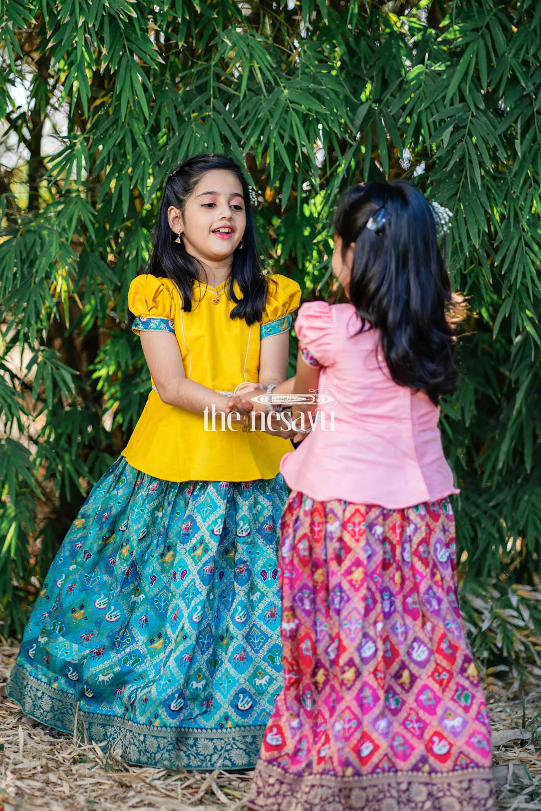 AHF. Pink Designer Printed Silk Pattu Pavadai for Girls