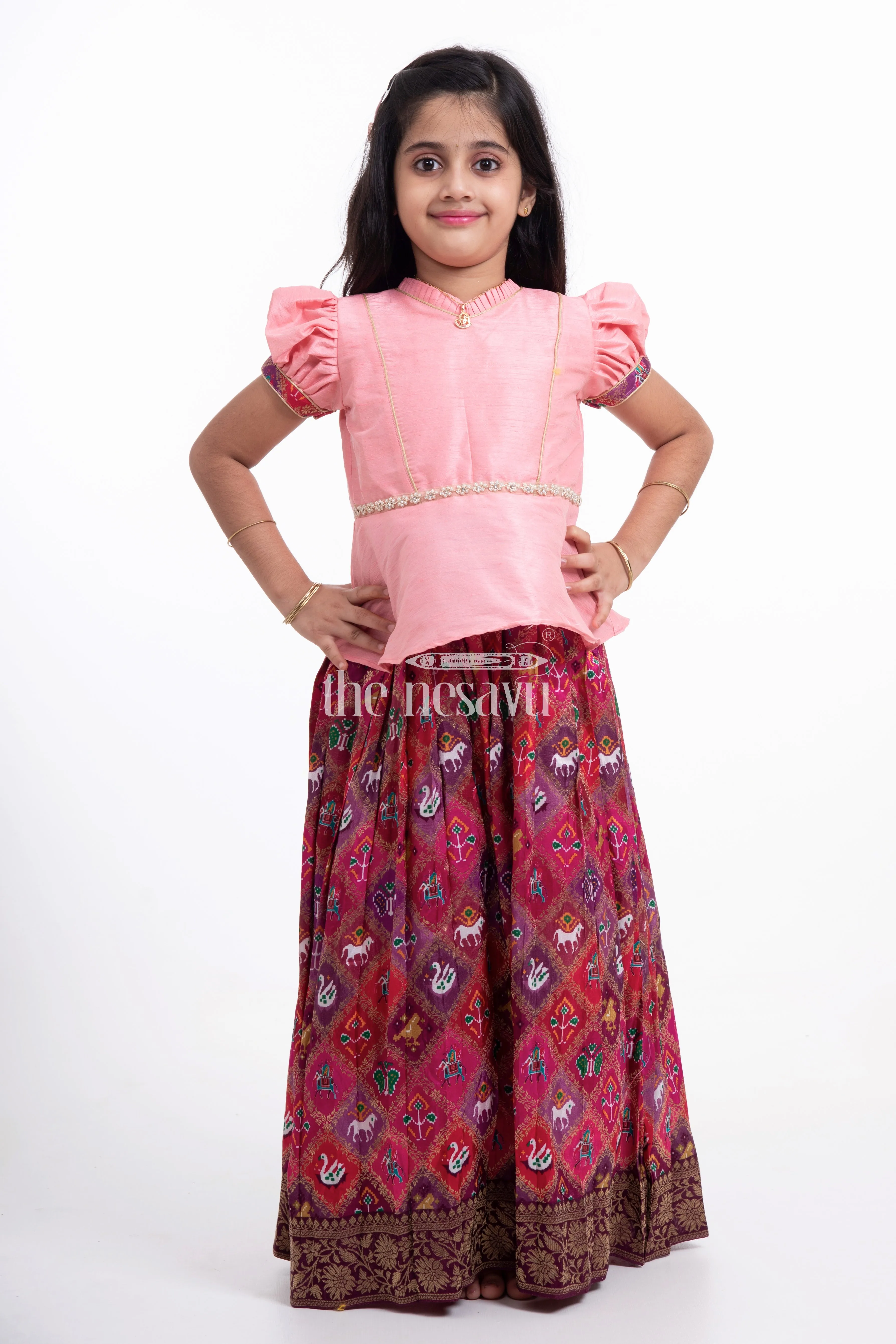 AHF. Pink Designer Printed Silk Pattu Pavadai for Girls