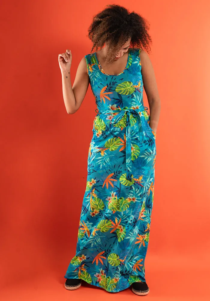 Alani Tropical Leaves Print Cotton Maxi Dress