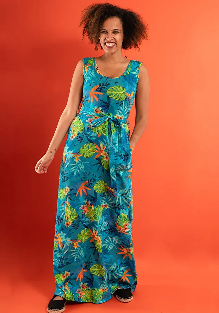 Alani Tropical Leaves Print Cotton Maxi Dress