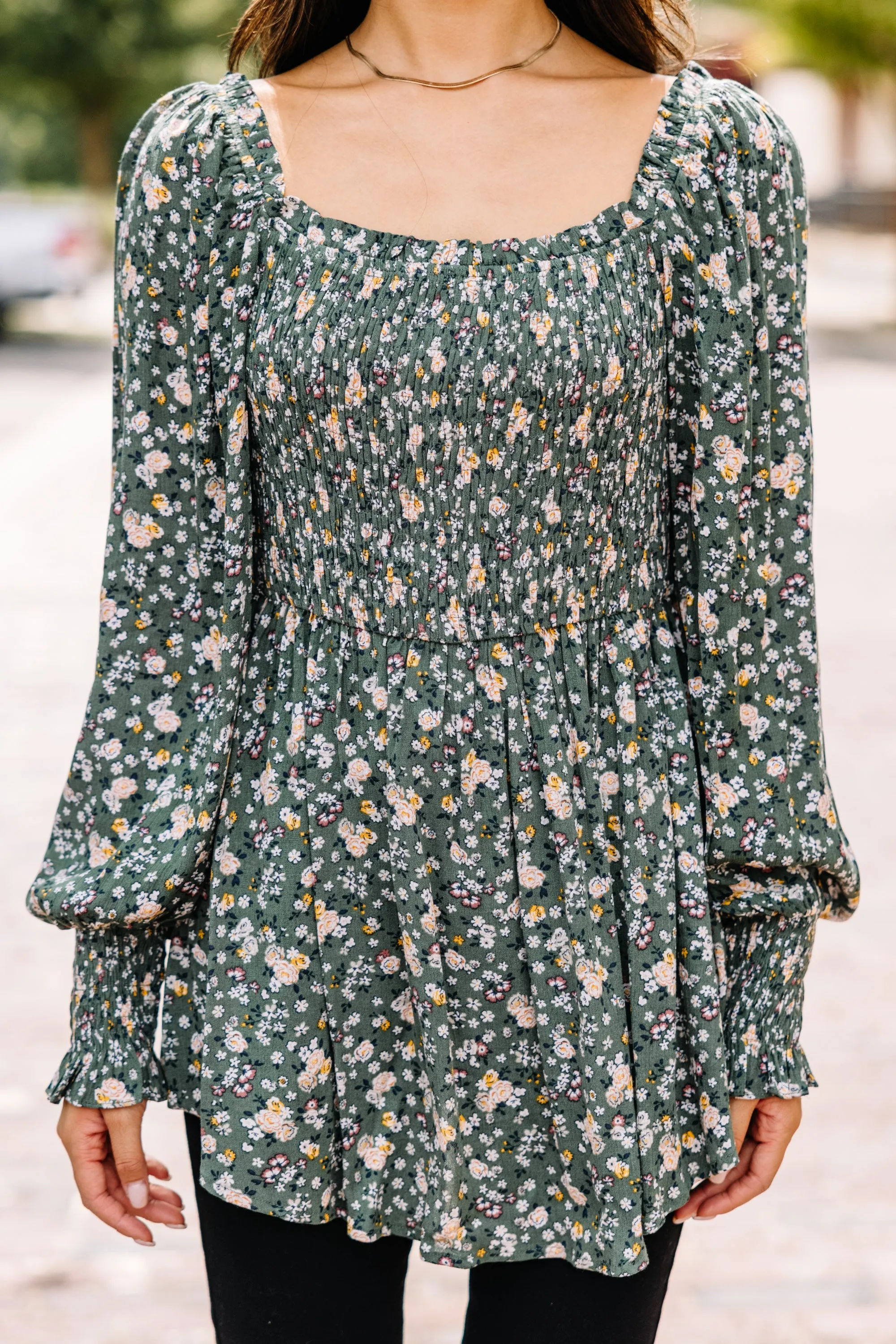 All For The Fun Sage Green Ditsy Floral Top