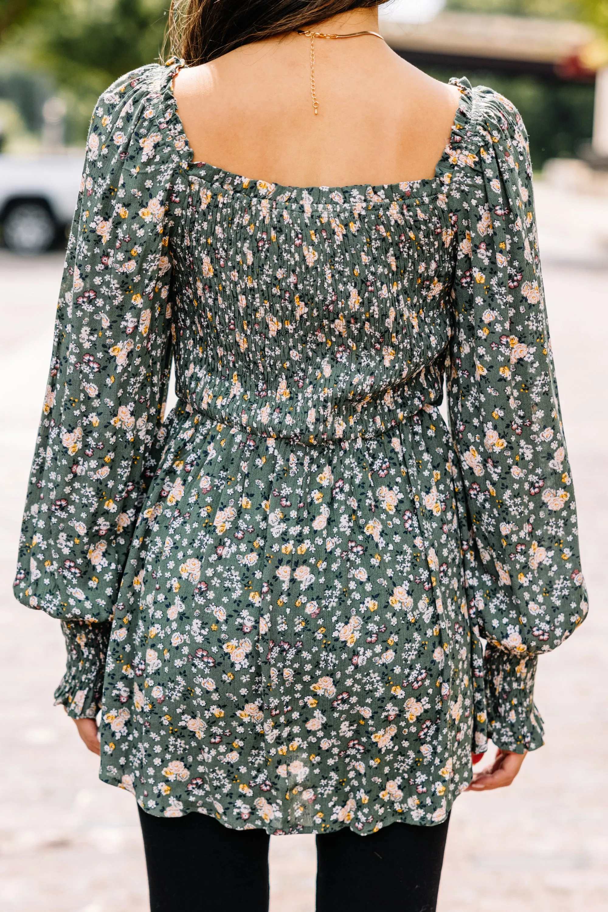 All For The Fun Sage Green Ditsy Floral Top