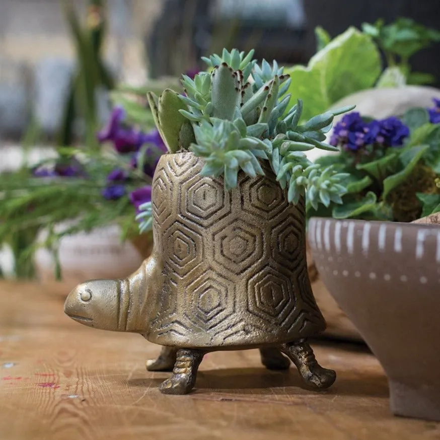 Antiqued Gold Bohemian Tommy Turtle Planter Pot  - Two Sizes