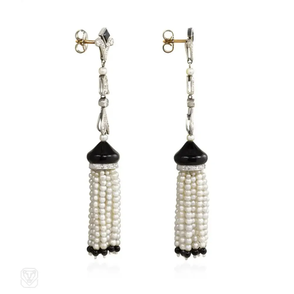 Art Deco onyx and pearl tassel earrings, France
