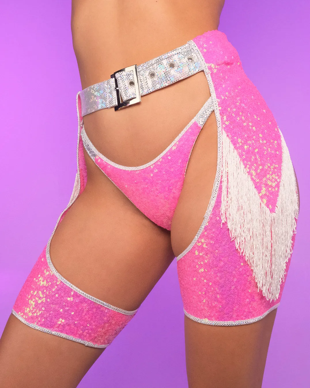 Astro Candy Pink Short Sequin Chaps with Fringe Detail