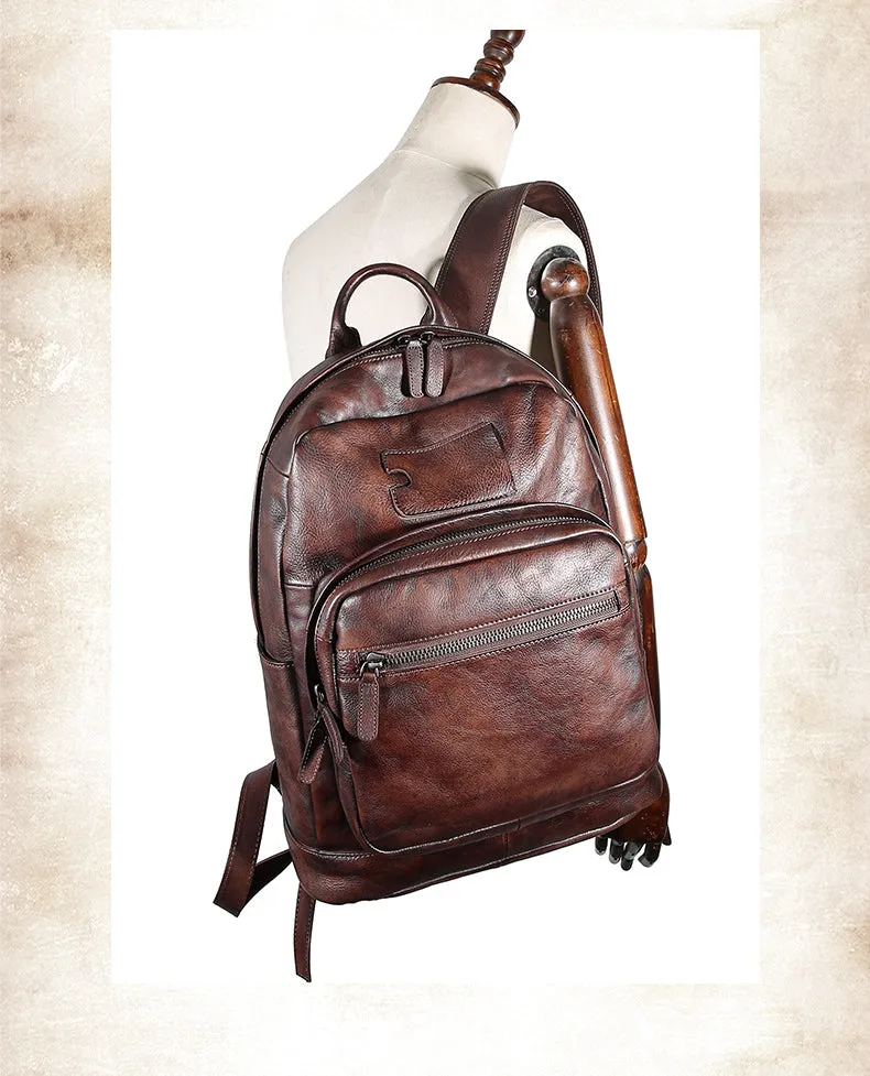 Best Black Gray Leather Rucksack Womens Vintage 16 inches Laptop Backpack Leather School Backpack Purse