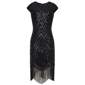 Black Beaded Cap Sleeve Great Gatsby Dress