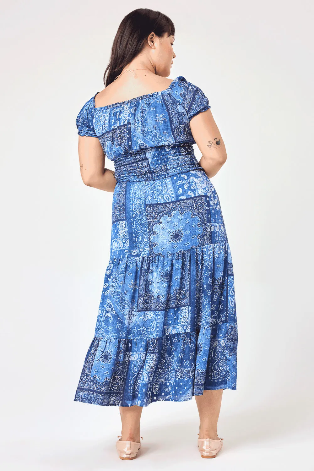 Blue Paisley Patchwork Off Shoulder Midi Dress