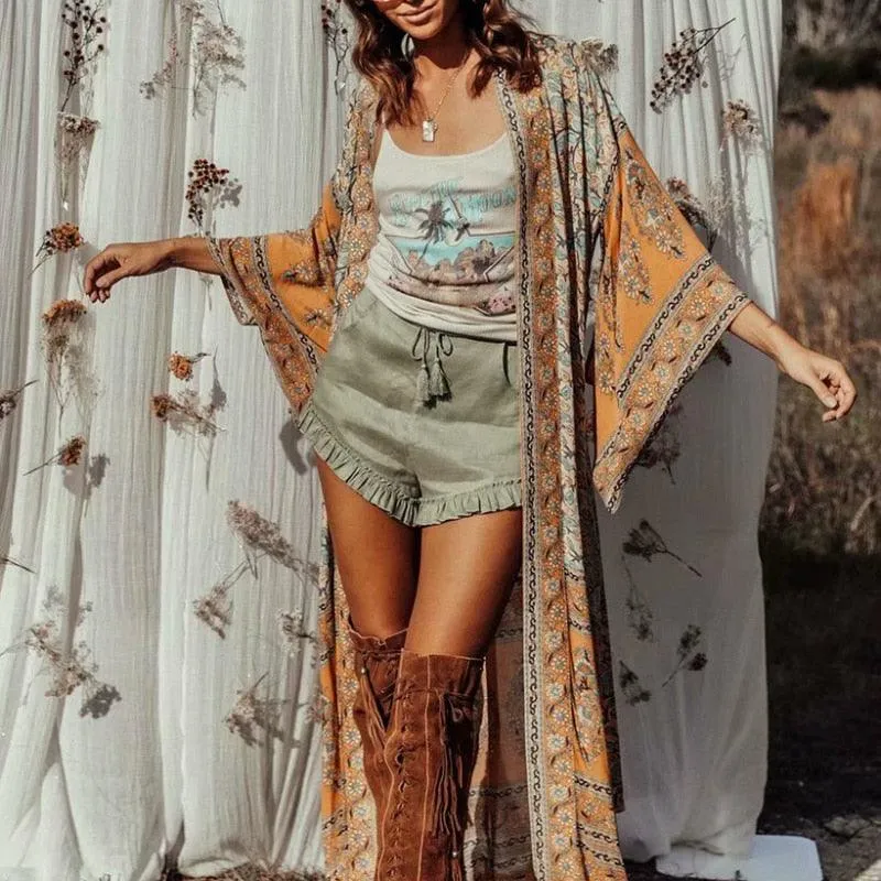 Bohemian Handmade Kimono, Women Floral Print Bat Sleeve Beach Bohemian Dresses Kimono, Ladies V Neck Summer Bikini Boho Cover-up