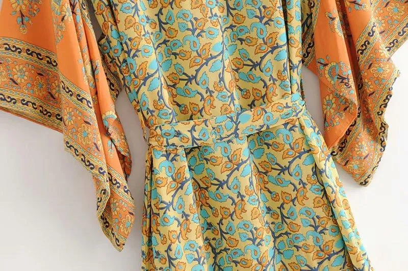 Bohemian Handmade Kimono, Women Floral Print Bat Sleeve Beach Bohemian Dresses Kimono, Ladies V Neck Summer Bikini Boho Cover-up