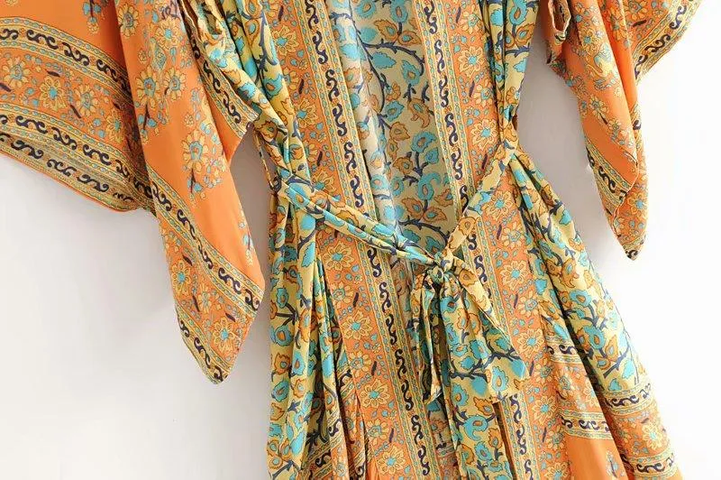Bohemian Handmade Kimono, Women Floral Print Bat Sleeve Beach Bohemian Dresses Kimono, Ladies V Neck Summer Bikini Boho Cover-up