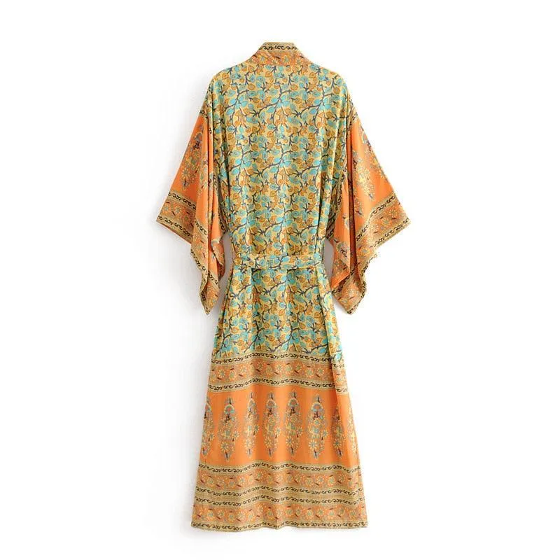 Bohemian Handmade Kimono, Women Floral Print Bat Sleeve Beach Bohemian Dresses Kimono, Ladies V Neck Summer Bikini Boho Cover-up