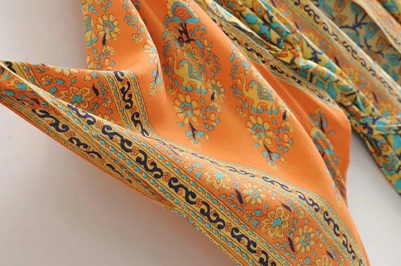 Bohemian Handmade Kimono, Women Floral Print Bat Sleeve Beach Bohemian Dresses Kimono, Ladies V Neck Summer Bikini Boho Cover-up