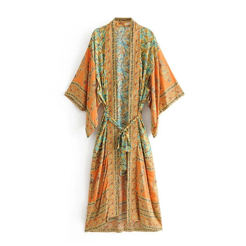 Bohemian Handmade Kimono, Women Floral Print Bat Sleeve Beach Bohemian Dresses Kimono, Ladies V Neck Summer Bikini Boho Cover-up