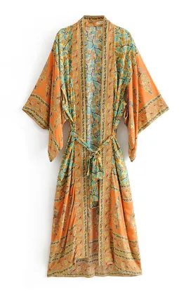 Bohemian Handmade Kimono, Women Floral Print Bat Sleeve Beach Bohemian Dresses Kimono, Ladies V Neck Summer Bikini Boho Cover-up