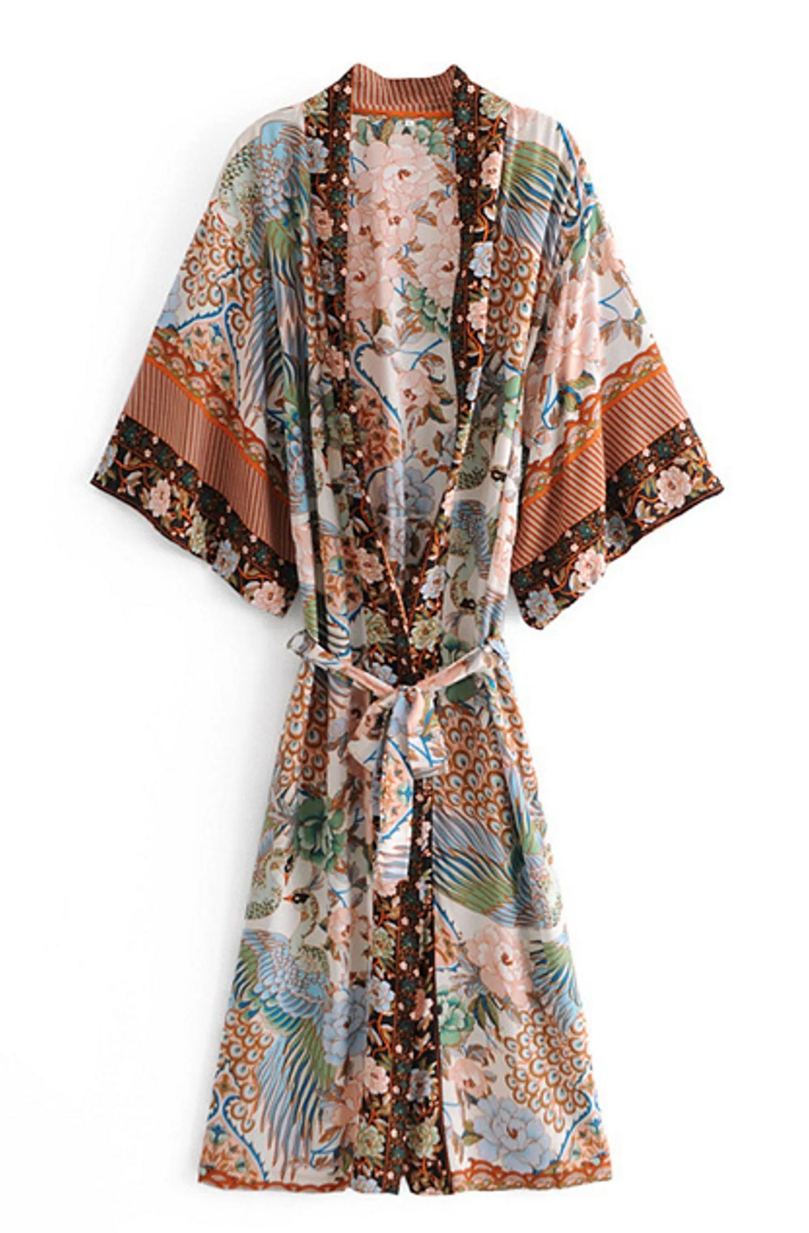 Bohemian Peacock Floral Print Bat Sleeve Kimono, Beach Bohemian Kimono, Maxi Robe Ladies V Neck Boho Summer Bikini Cover-up