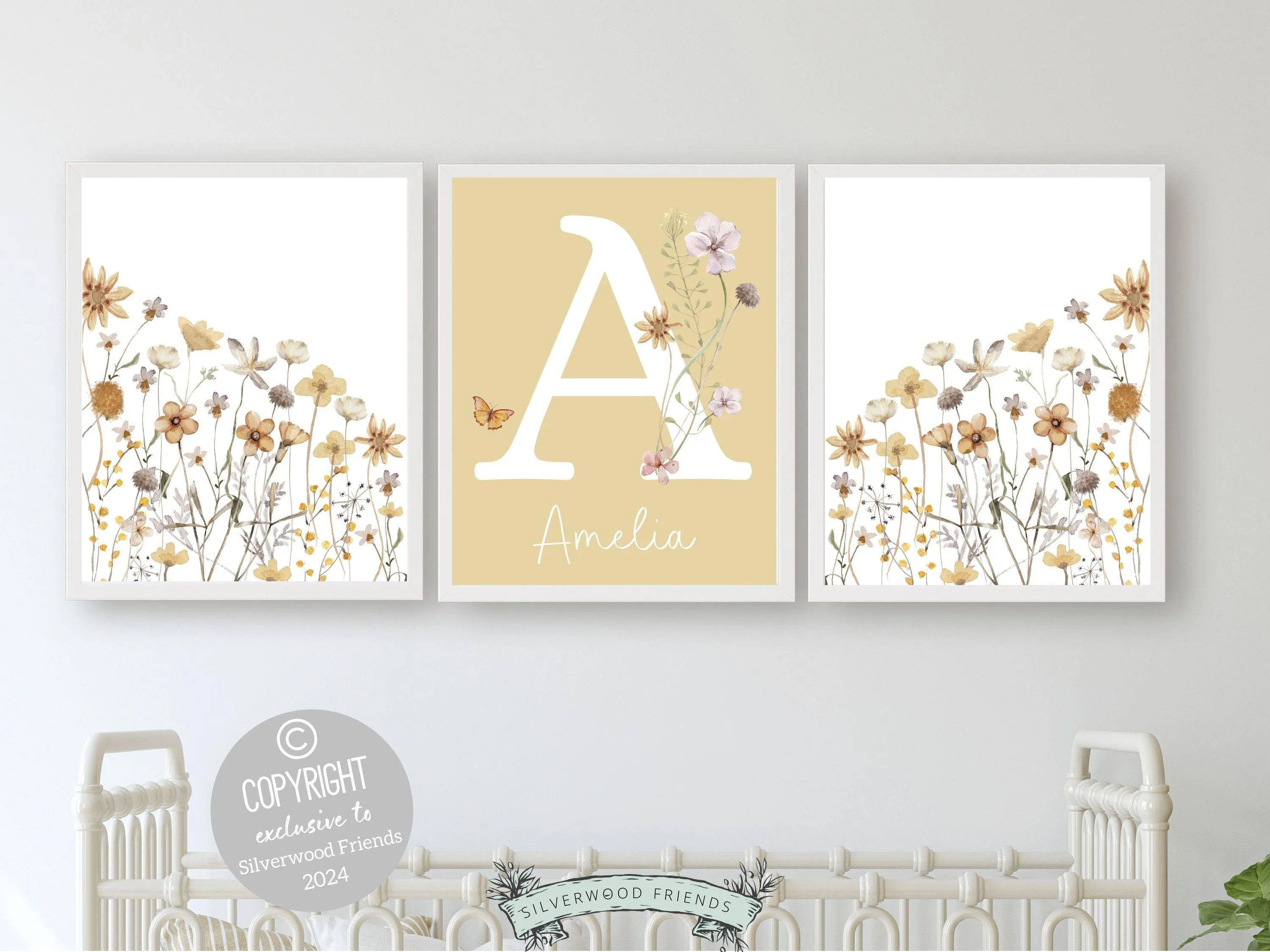 Boho Yellow Wildflower Nursery Prints - Personalised - 004