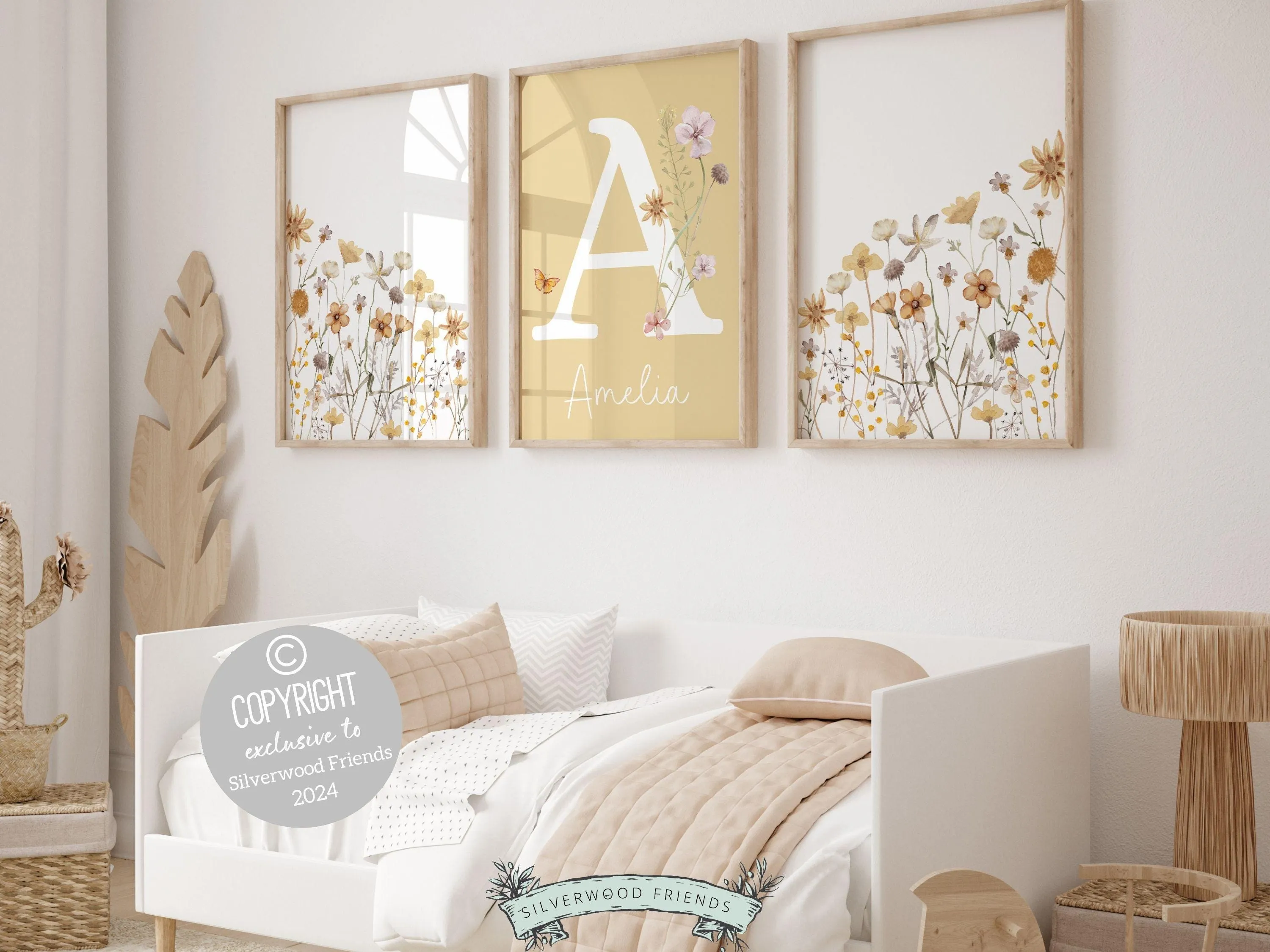 Boho Yellow Wildflower Nursery Prints - Personalised - 004