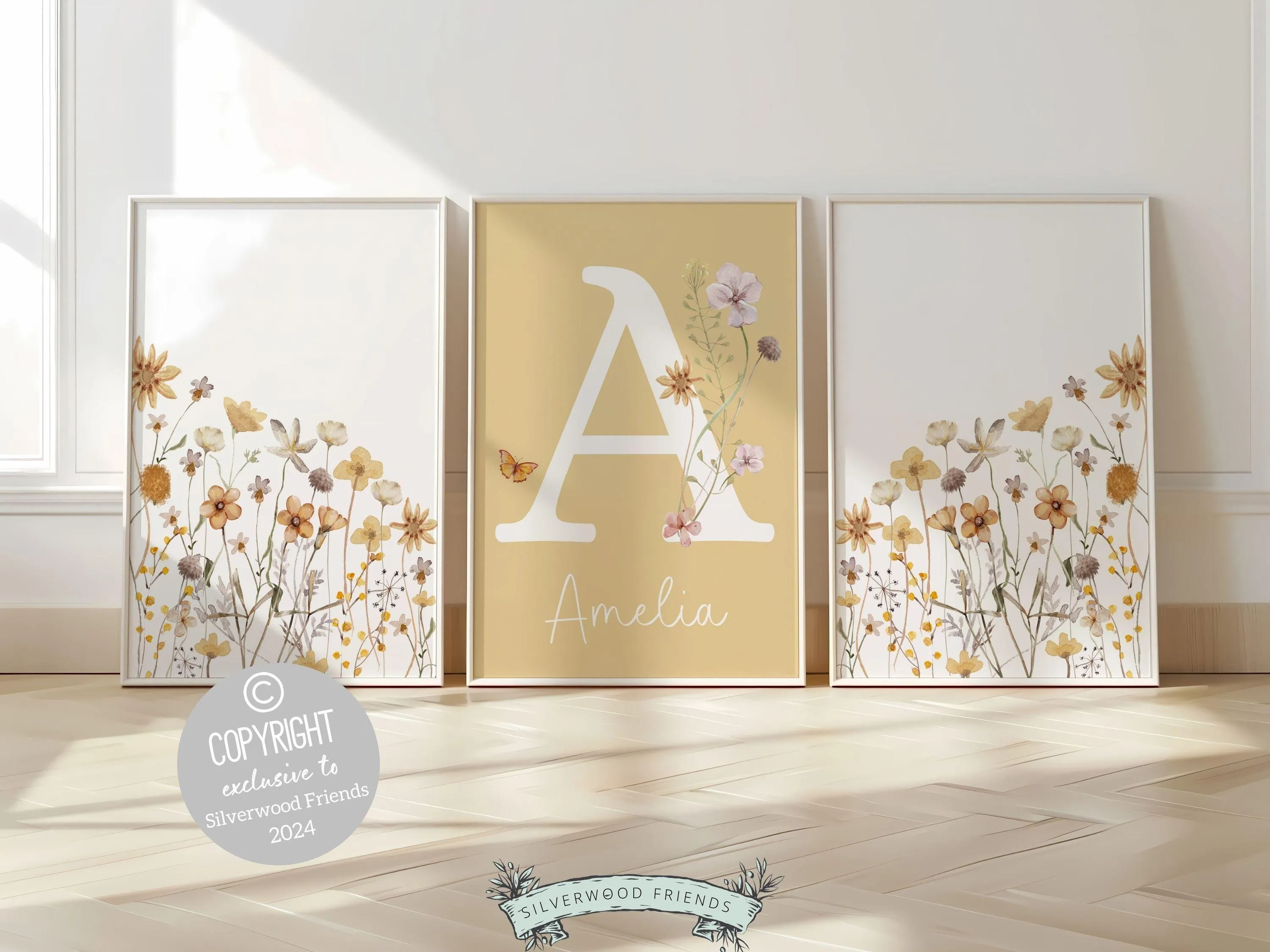 Boho Yellow Wildflower Nursery Prints - Personalised - 004