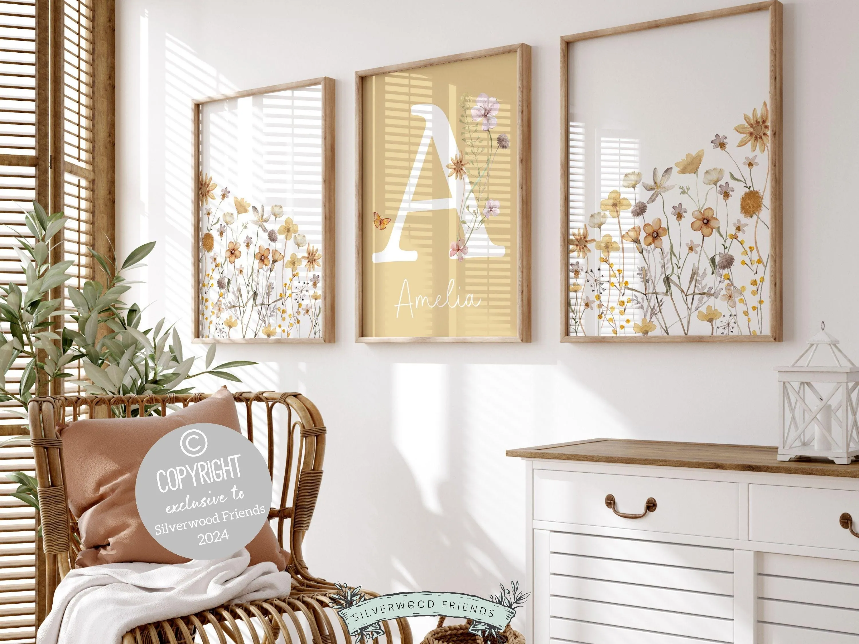 Boho Yellow Wildflower Nursery Prints - Personalised - 004