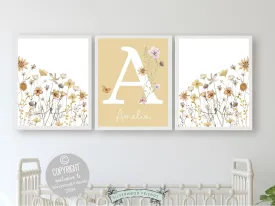Boho Yellow Wildflower Nursery Prints - Personalised - 004
