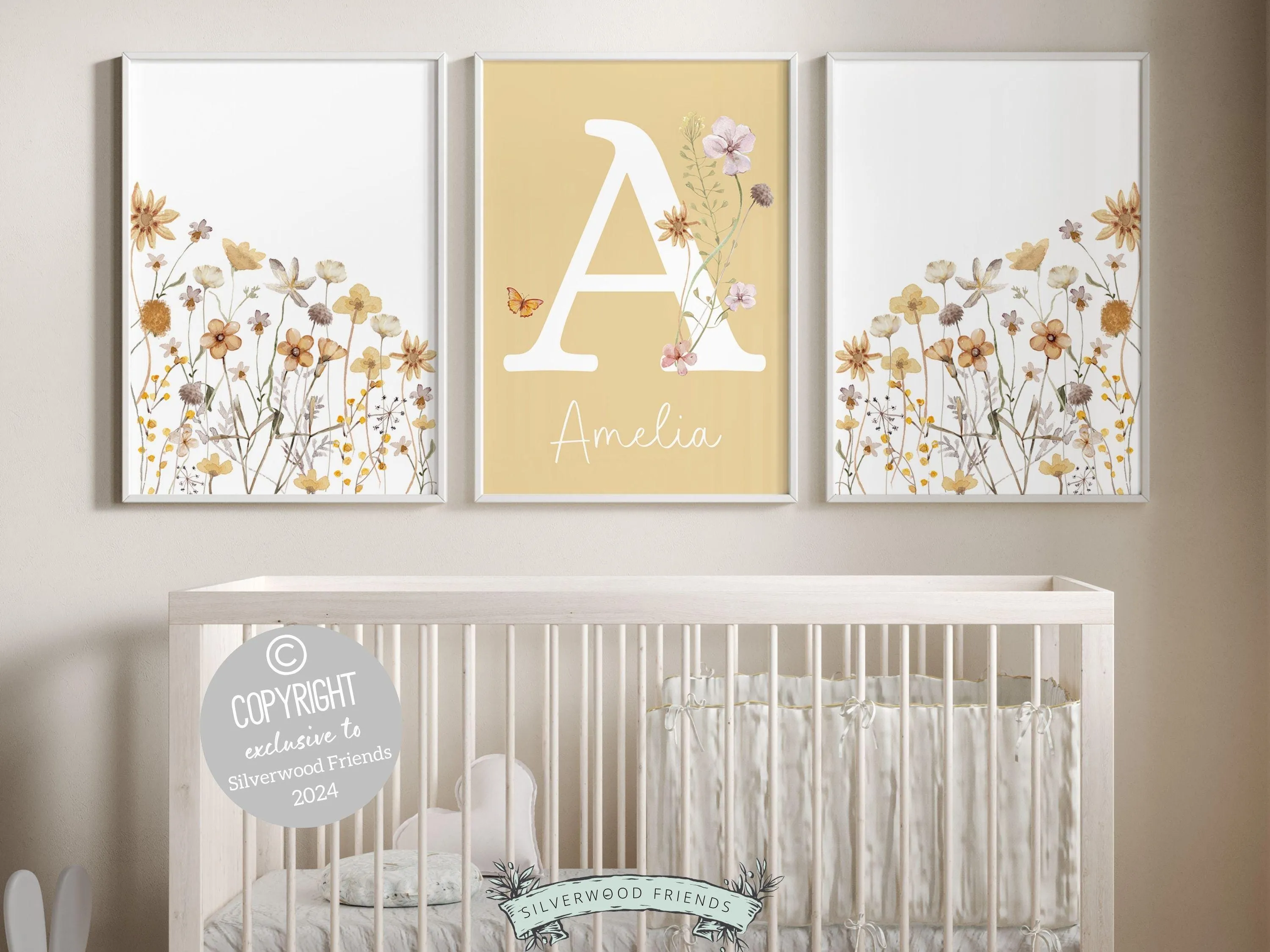 Boho Yellow Wildflower Nursery Prints - Personalised - 004