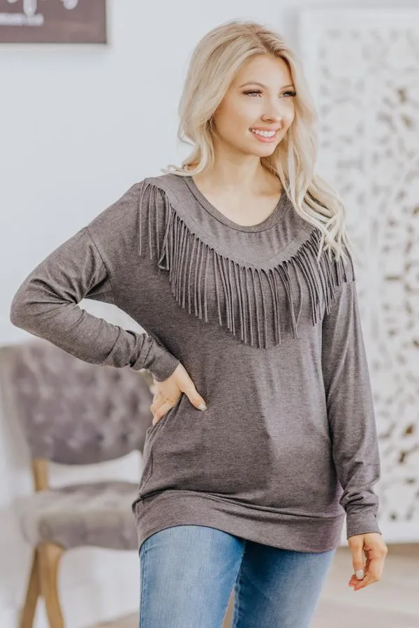 Come Dance With Me Fringe Detail Long Sleeve Top In Charcoal