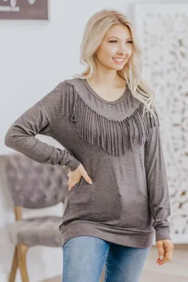 Come Dance With Me Fringe Detail Long Sleeve Top In Charcoal
