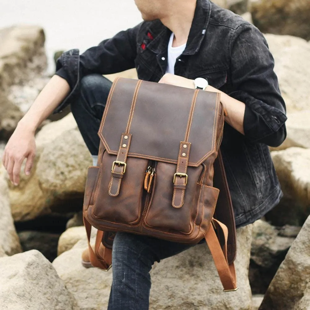 Crazy Horse Leather Backpack Mens Daypack