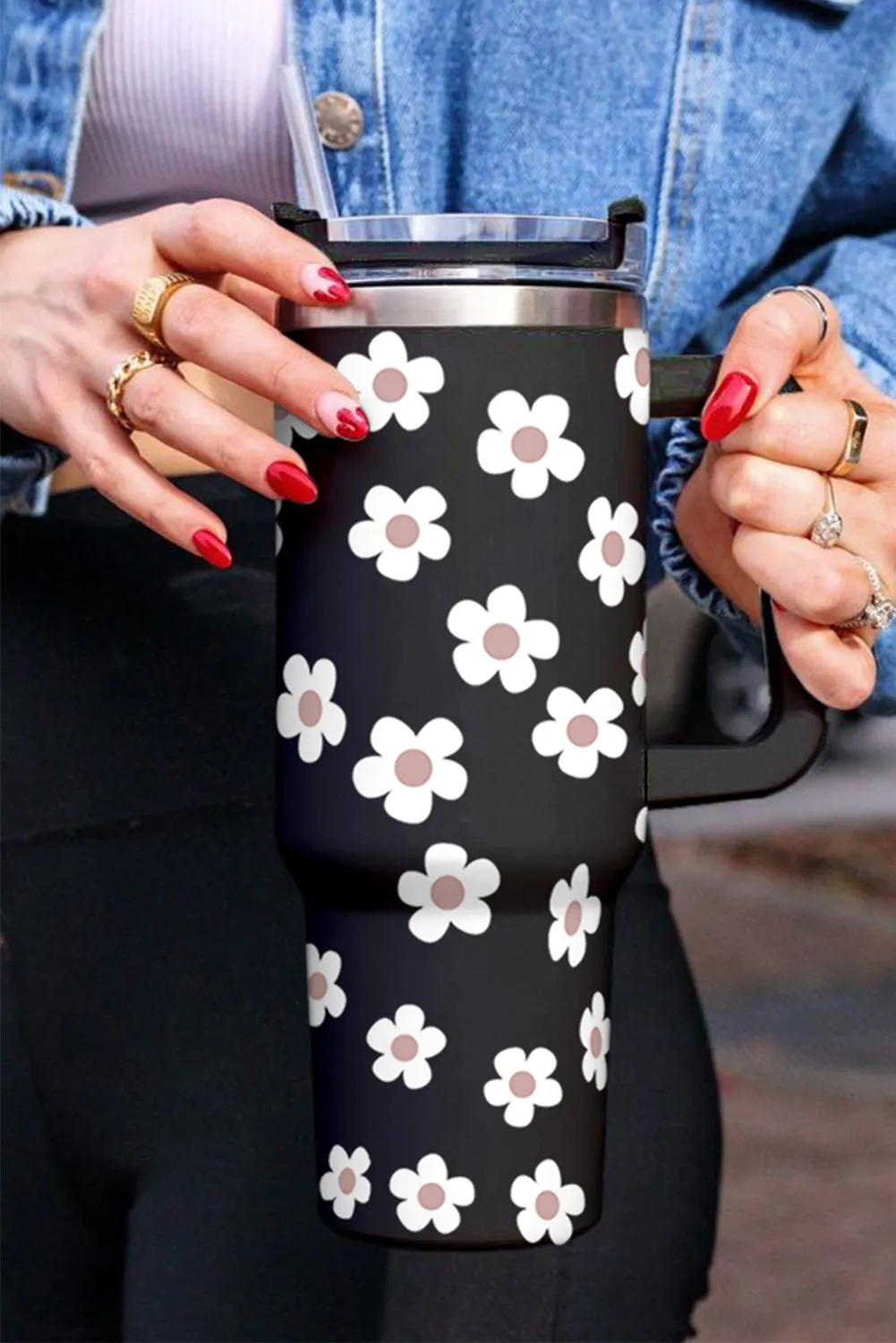 Dark Grey Floret Print Stainless Tumbler With Lid And Straw