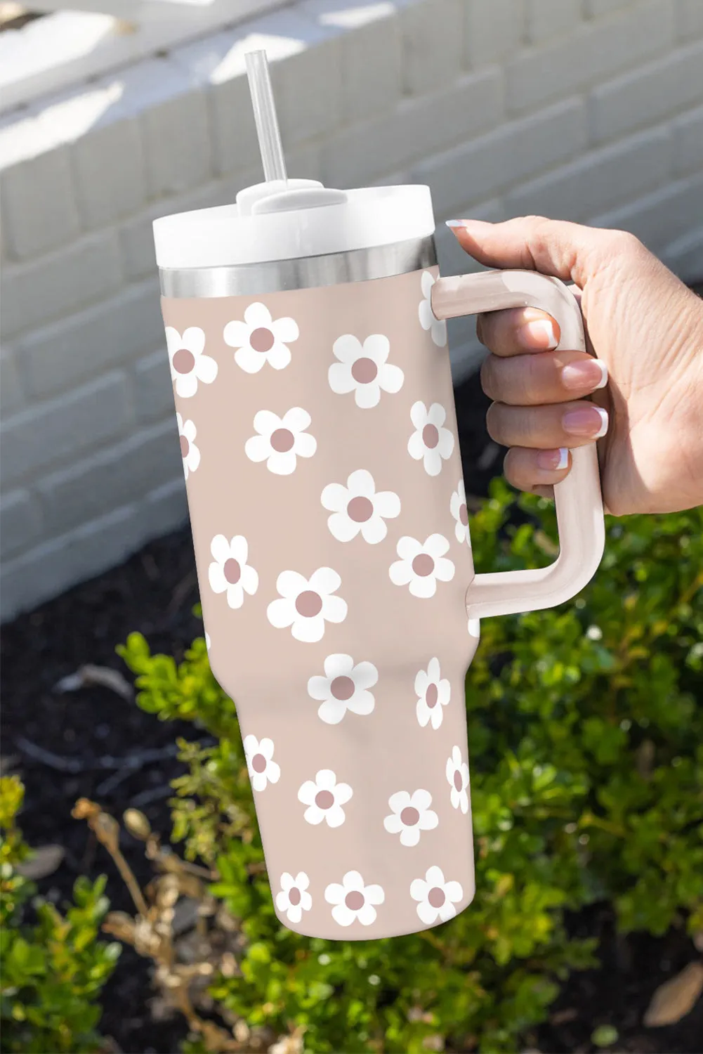 Dark Grey Floret Print Stainless Tumbler With Lid And Straw