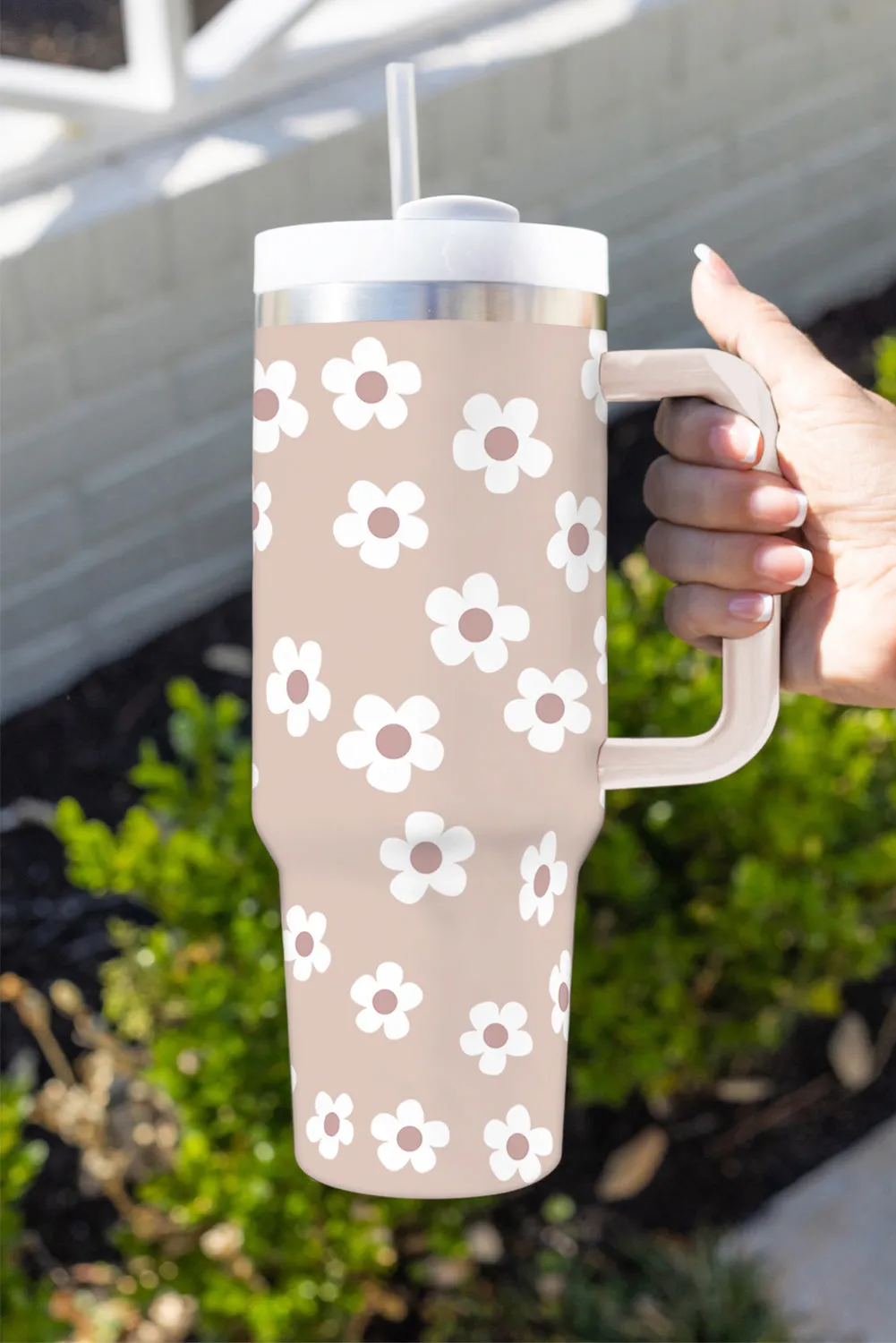 Dark Grey Floret Print Stainless Tumbler With Lid And Straw