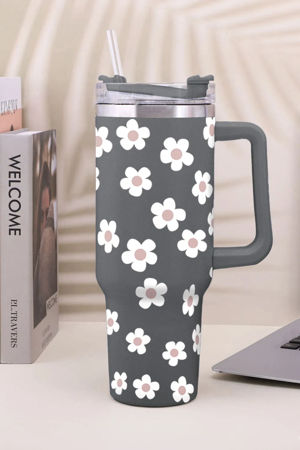 Dark Grey Floret Print Stainless Tumbler With Lid And Straw